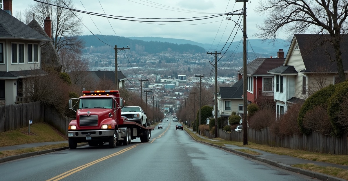 Tow truck removing a rusted old car from a steep driveway in Sapperton near the Brewery District with the Fraser River valley and historic hillside homes in the background