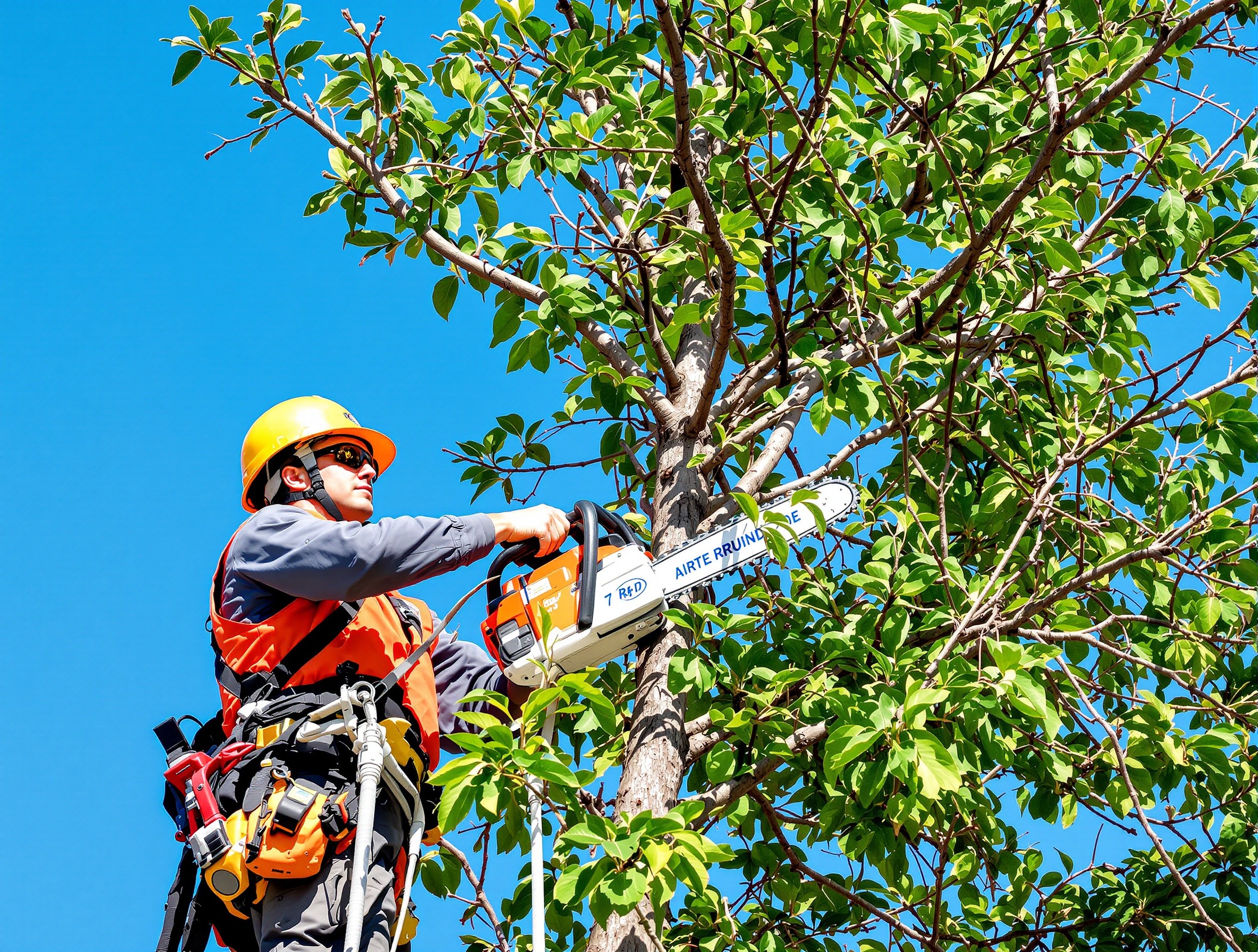 Tree trimmer high up in a palm tree removing old fronds