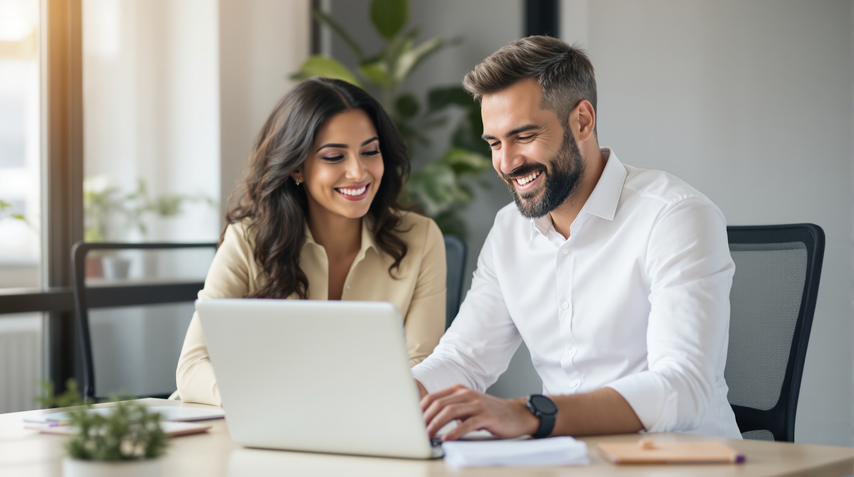 Profesyonel iş ortamında laptop başında çalışan beyaz yakalı kadın ve erkek