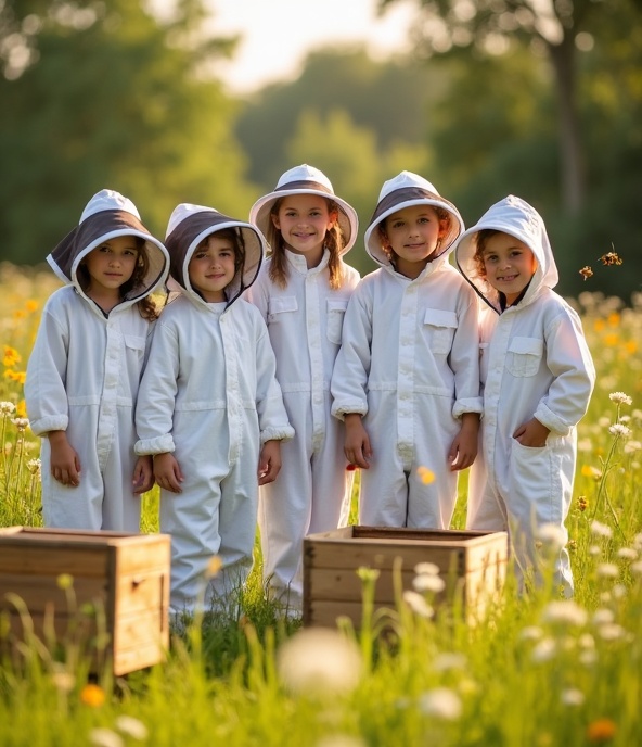 Students ages 7 to 18 in beekeeping suits learning about honeybees