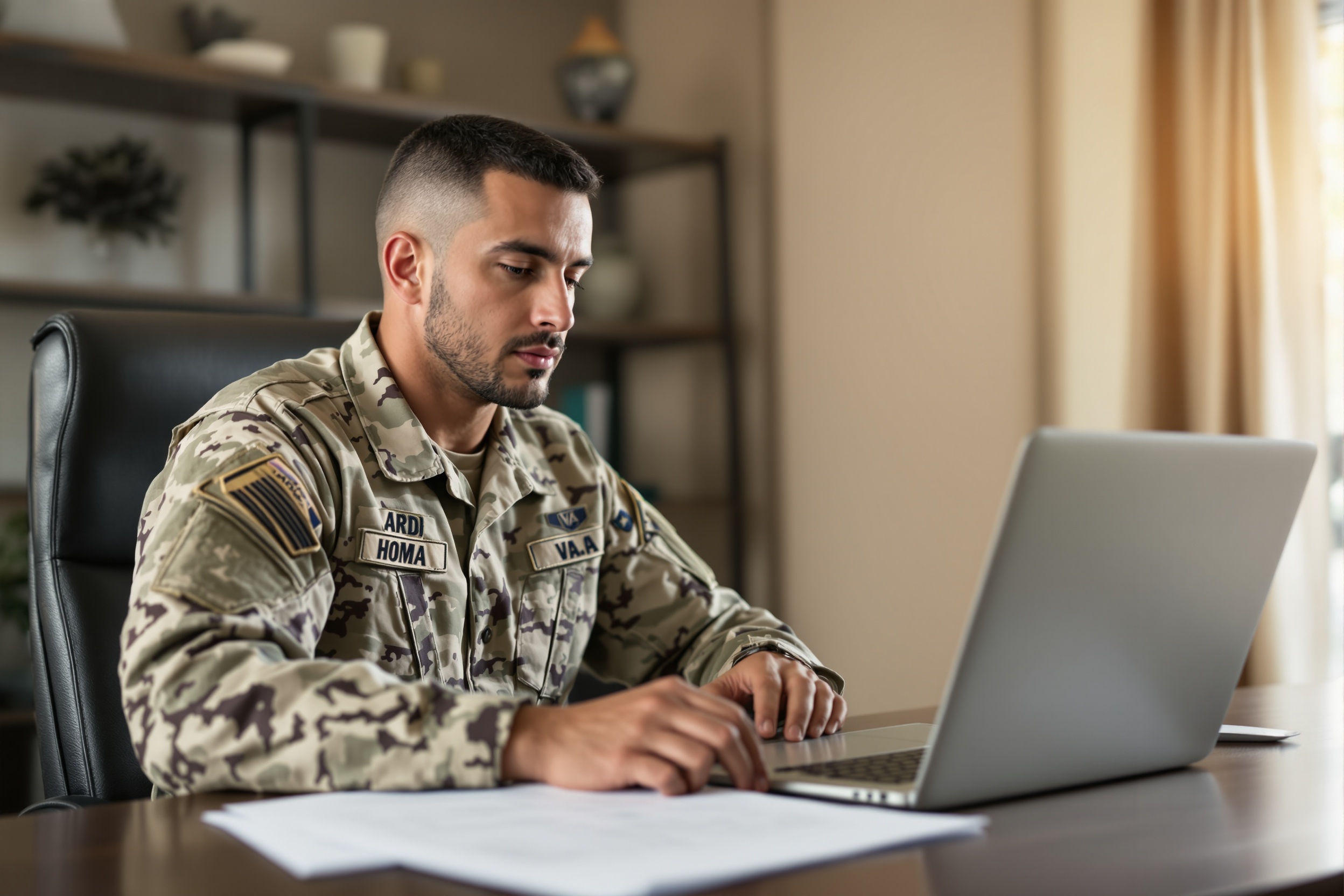 Military service member reviewing VA loan entitlement documents during PCS relocation from El Paso Texas