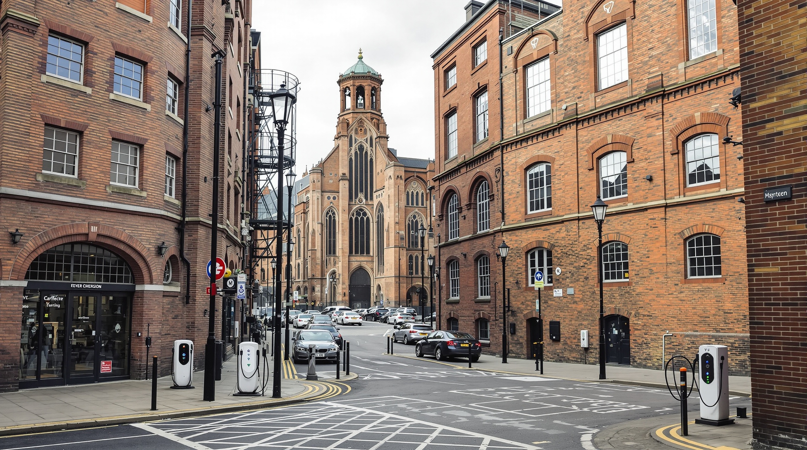 Manchester conservation area with historic buildings and EV charging