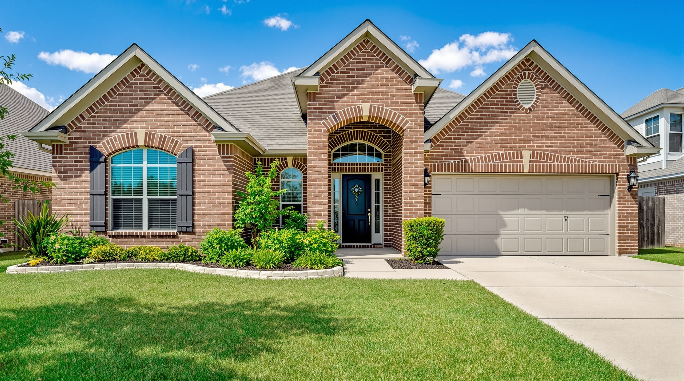 Houston home photographed in spring with lush green lawn and blooming landscaping for real estate listing