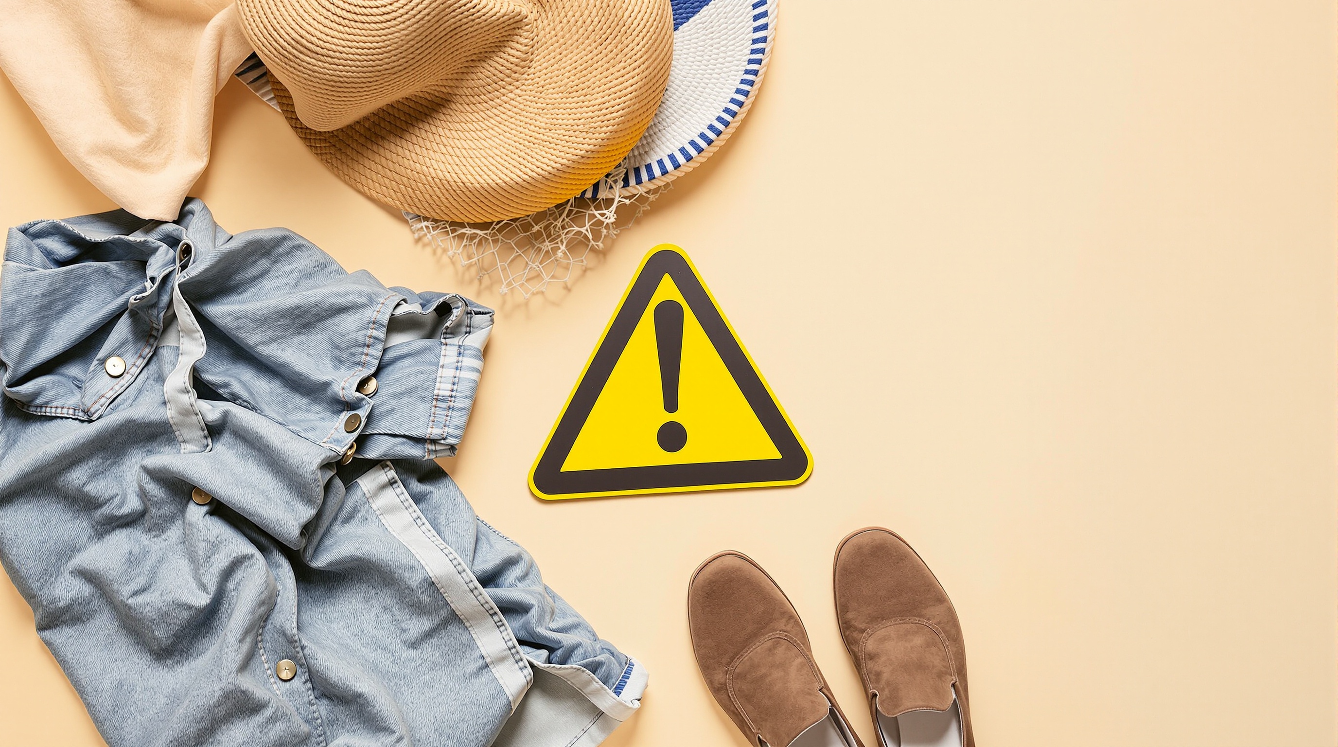Caution warning sign with fashion items on clean background