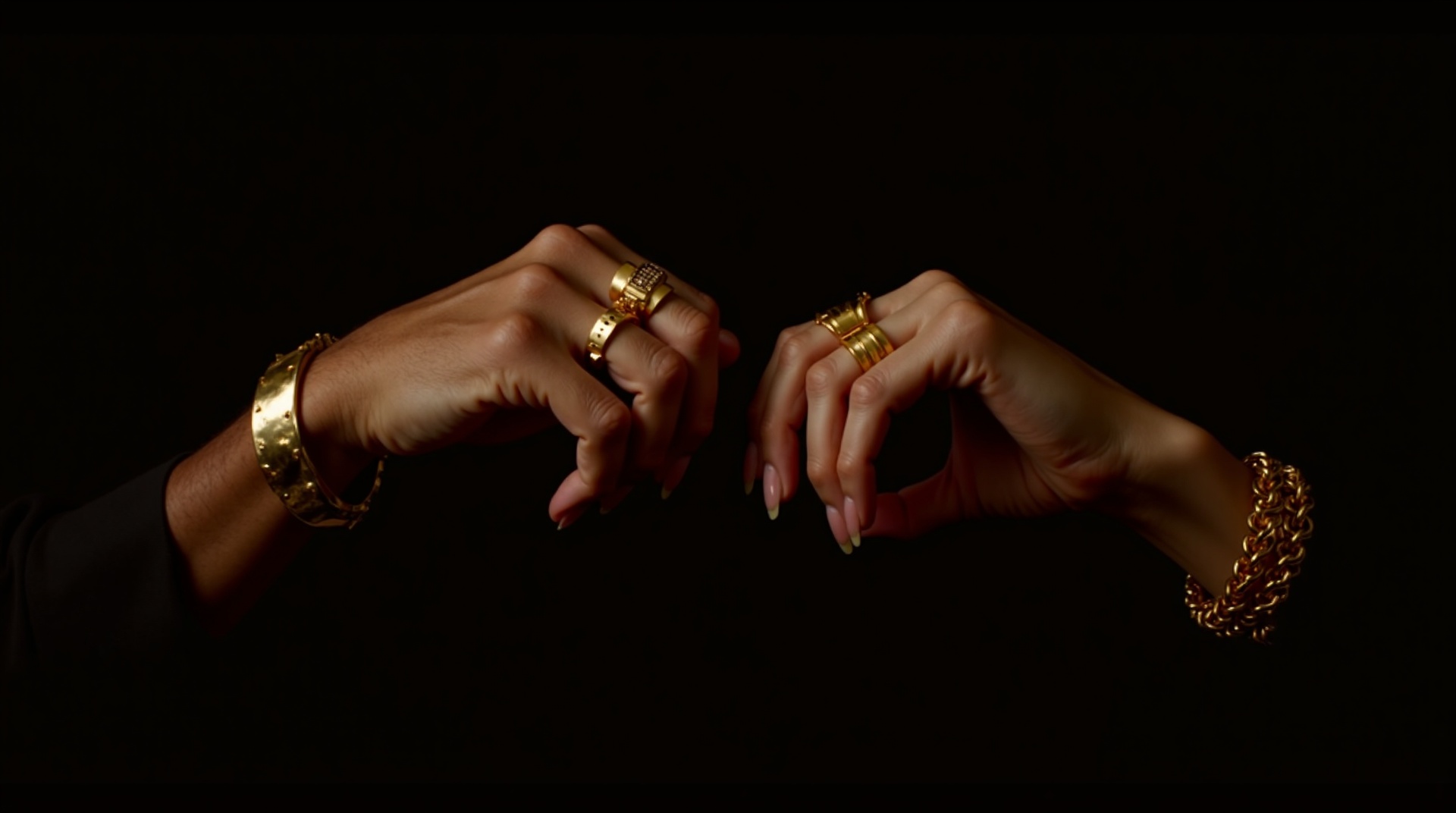 Joyería de lujo para hombre y mujer — manos con anillos y pulseras de oro