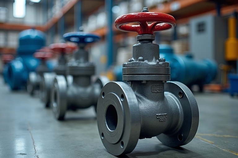 Industrial control valves including ball valves, gate valves, and globe valves arranged in warehouse - ValveSalesSupply purchases all types of control valves