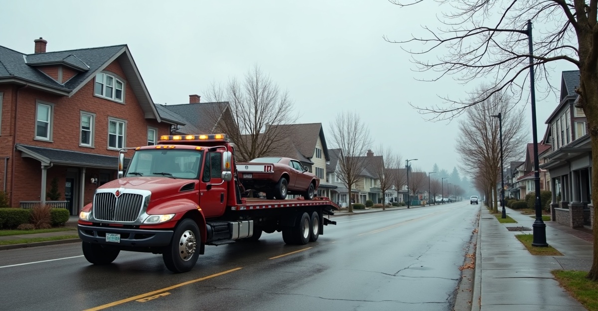 Flatbed tow truck removing an old pickup truck from a street in historic downtown Haney near Lougheed Highway with Memorial Peace Park and the Fraser River in the background