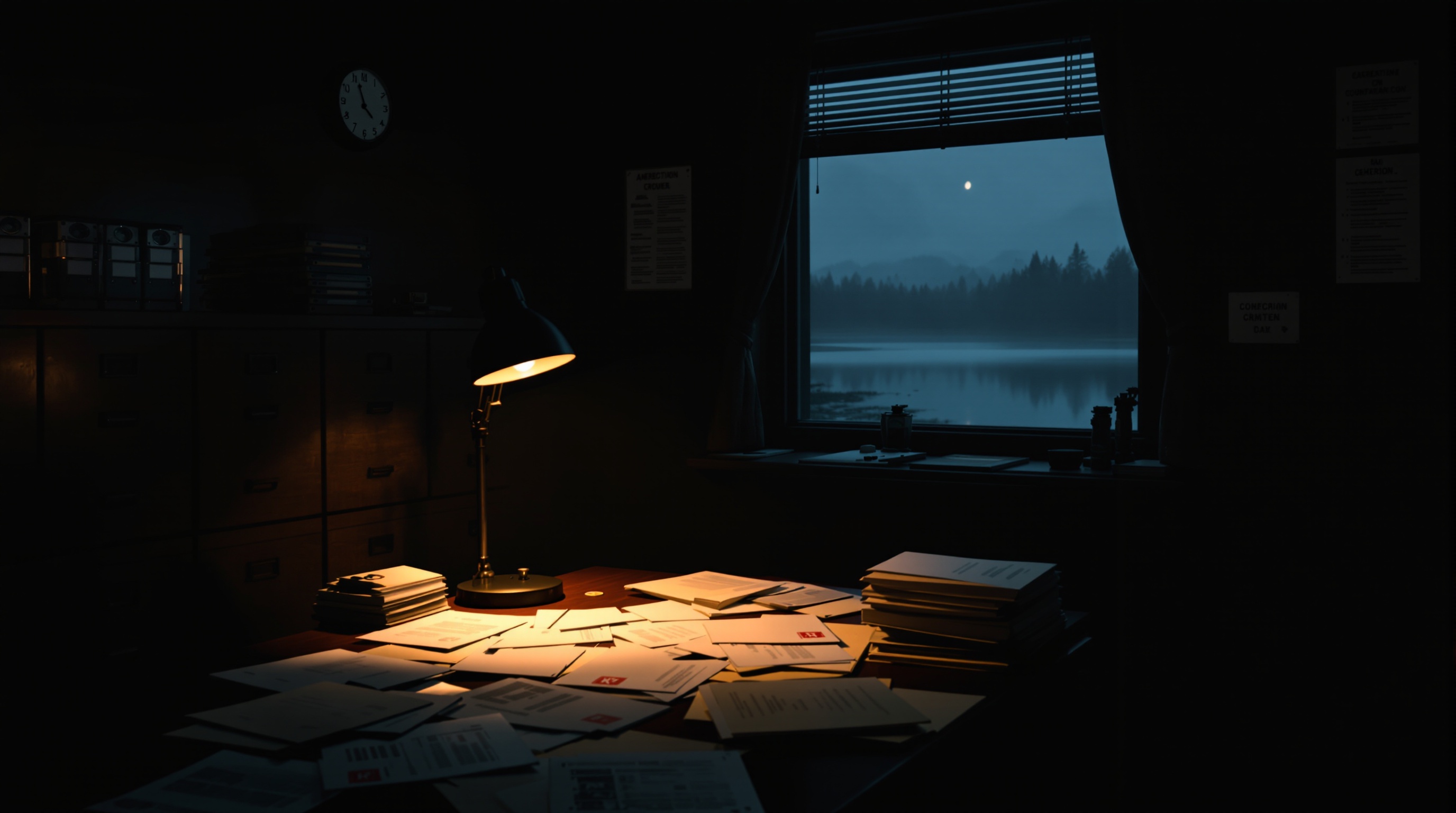 A dimly lit government office with classified files overlooking a misty lake at night