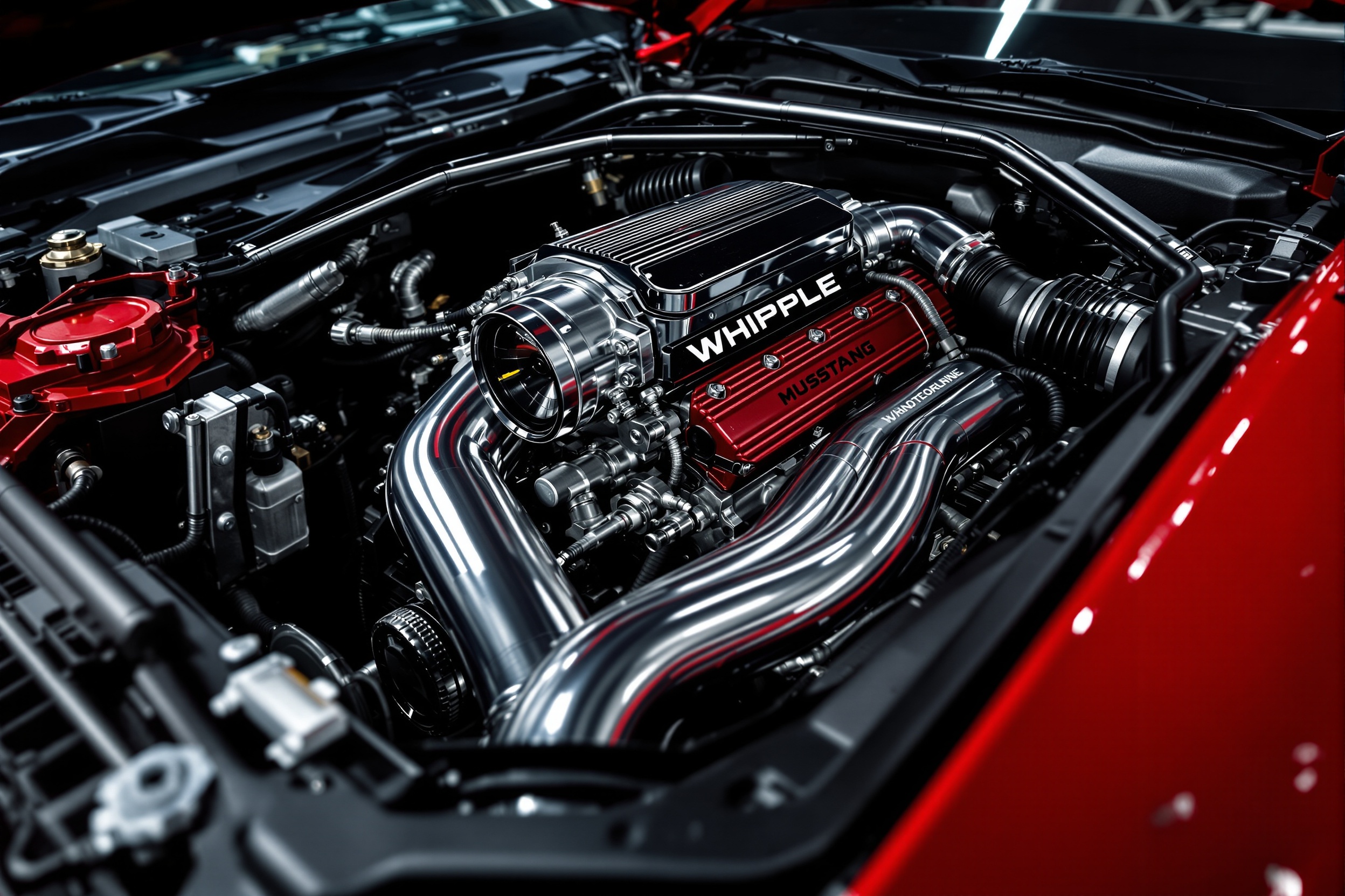 Best Supercharger Kits for Mustang GT (2018–2023) Whipple supercharger installed on Mustang GT 5.0 Coyote engine