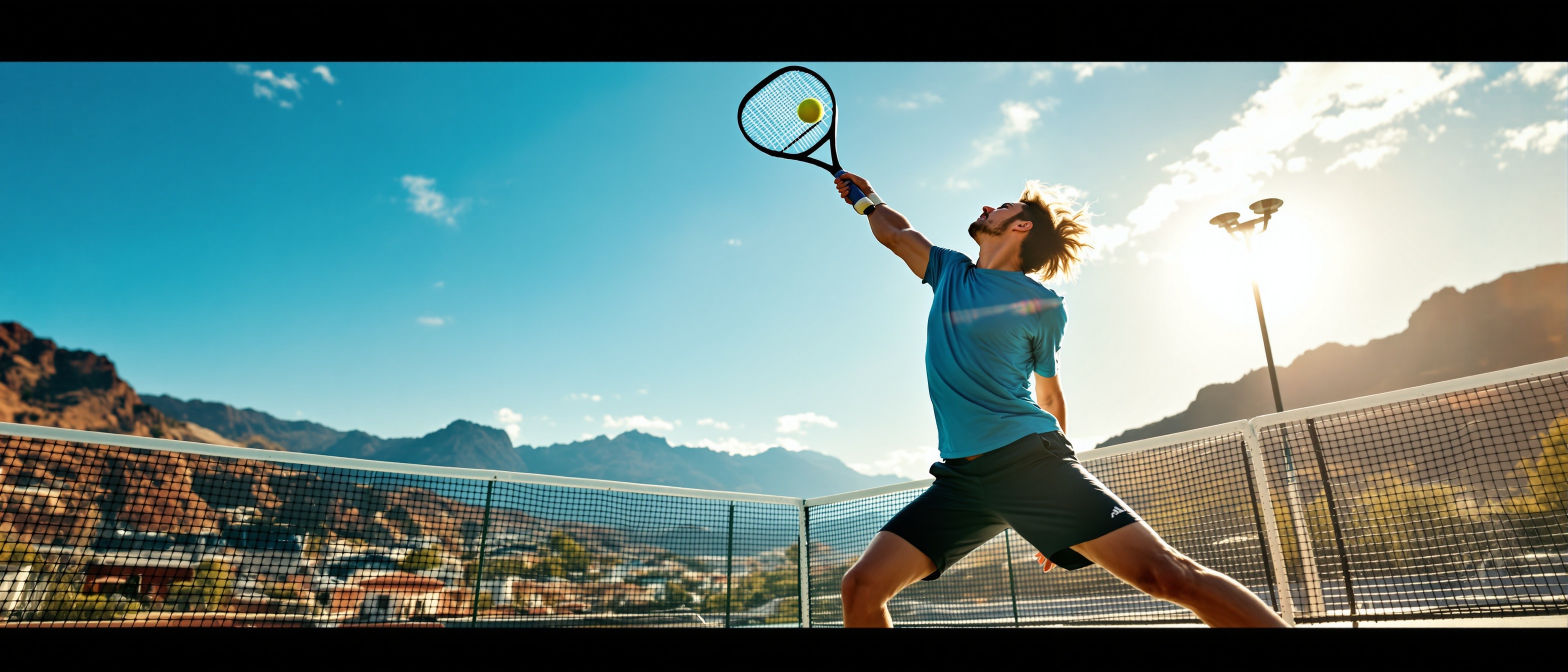 Padel player mid smash on a proper outdoor padel court