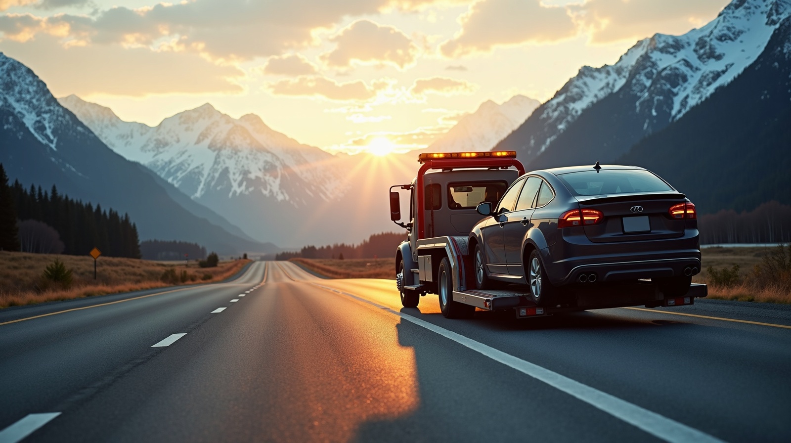 Junk car removal BC — professional tow truck picking up scrap vehicle on British Columbia highway with snow-capped mountains