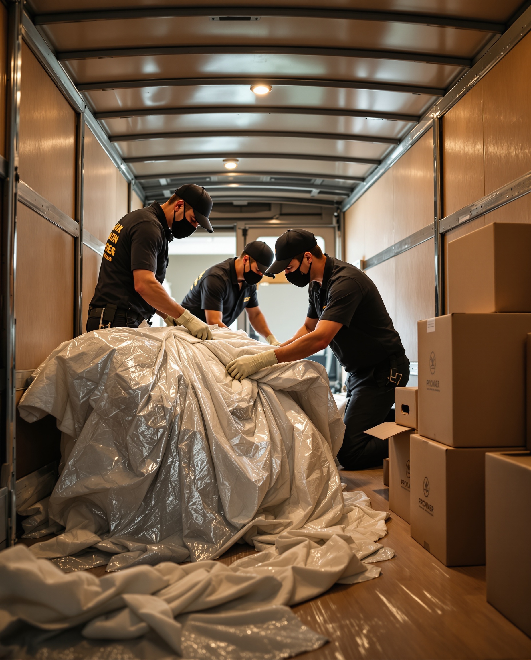 Professional movers wrapping furniture with protective blankets
