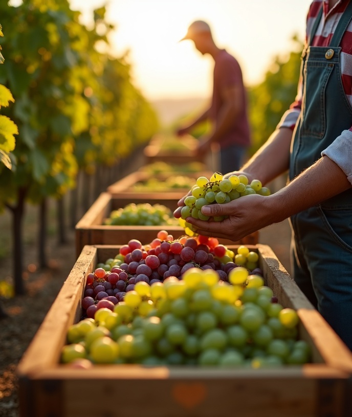 Vineyard workers harvesting grapes