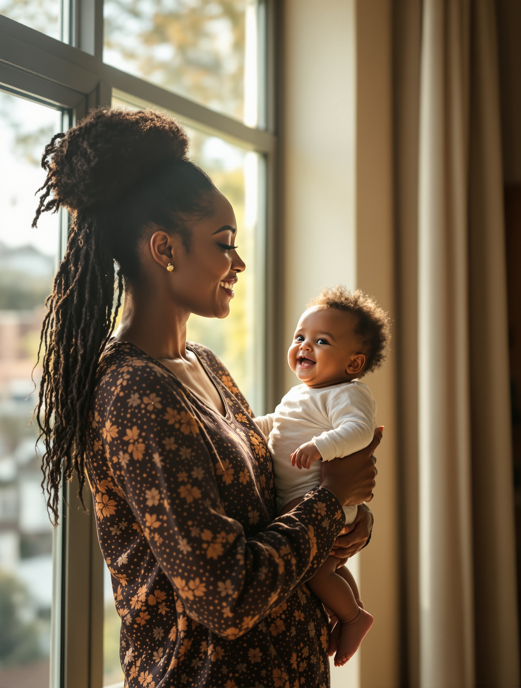 Happy mother and baby by window