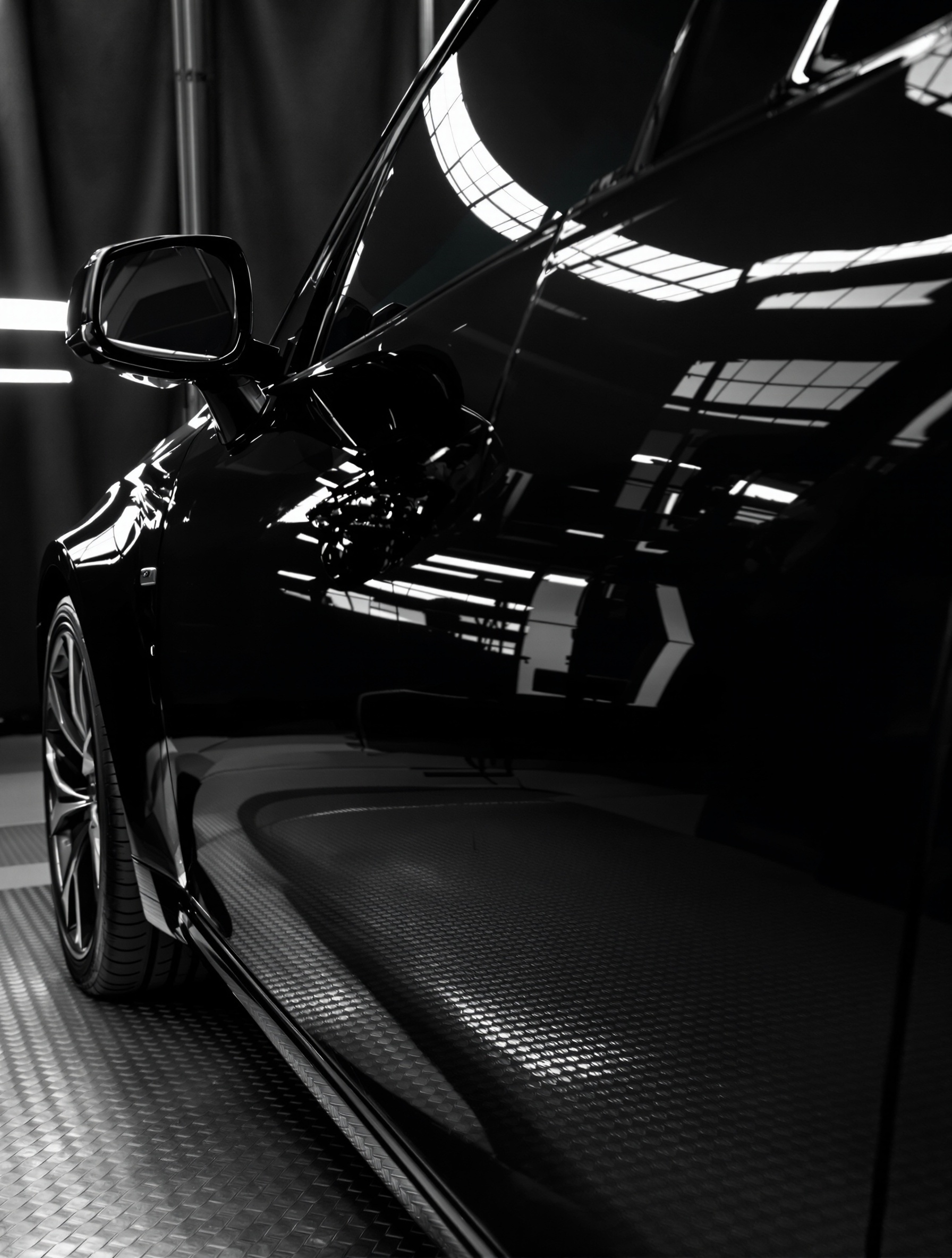 Professional auto detailer inspecting luxury vehicle with precision lighting