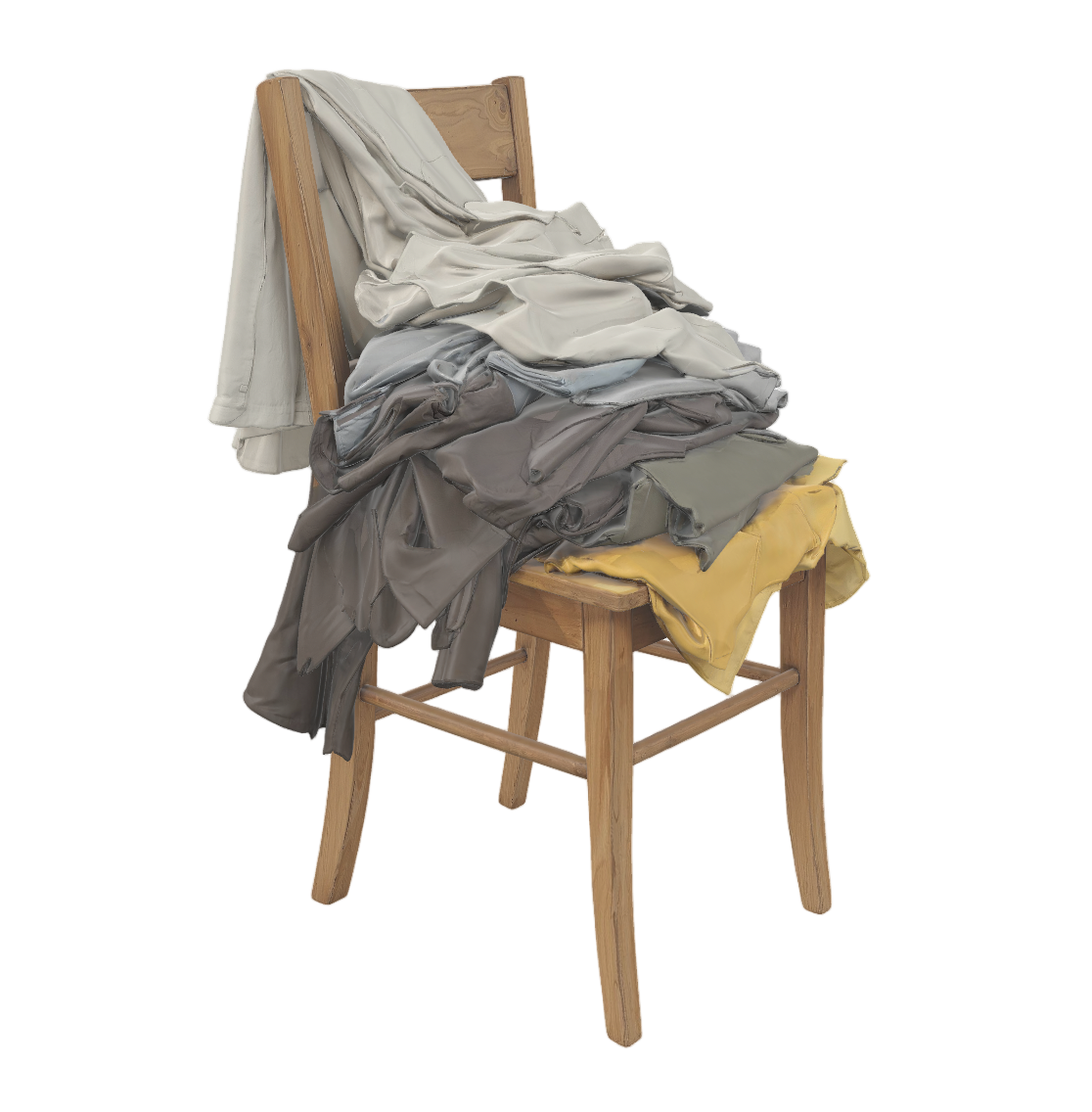 Chair with stacked garments — The First Pause