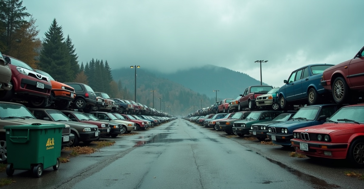 Professional junk car recycling facility in British Columbia showing organized rows of recycled scrap vehicles in an industrial auto recycling yard with environmentally responsible disposal practices