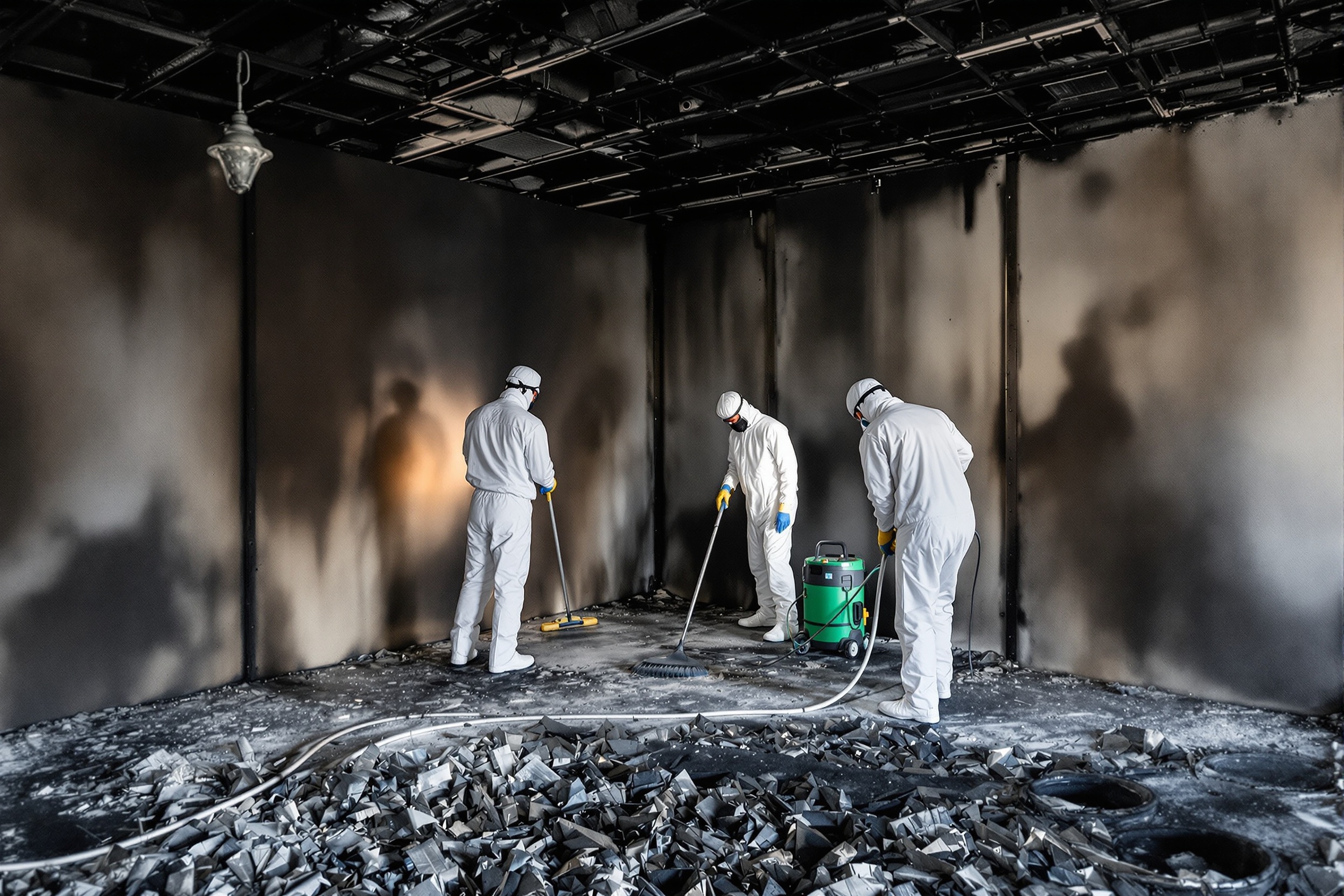 Limpieza post incendio en Terrassa – equipo técnico de Biotrauma eliminando cenizas, hollín y residuos del fuego
