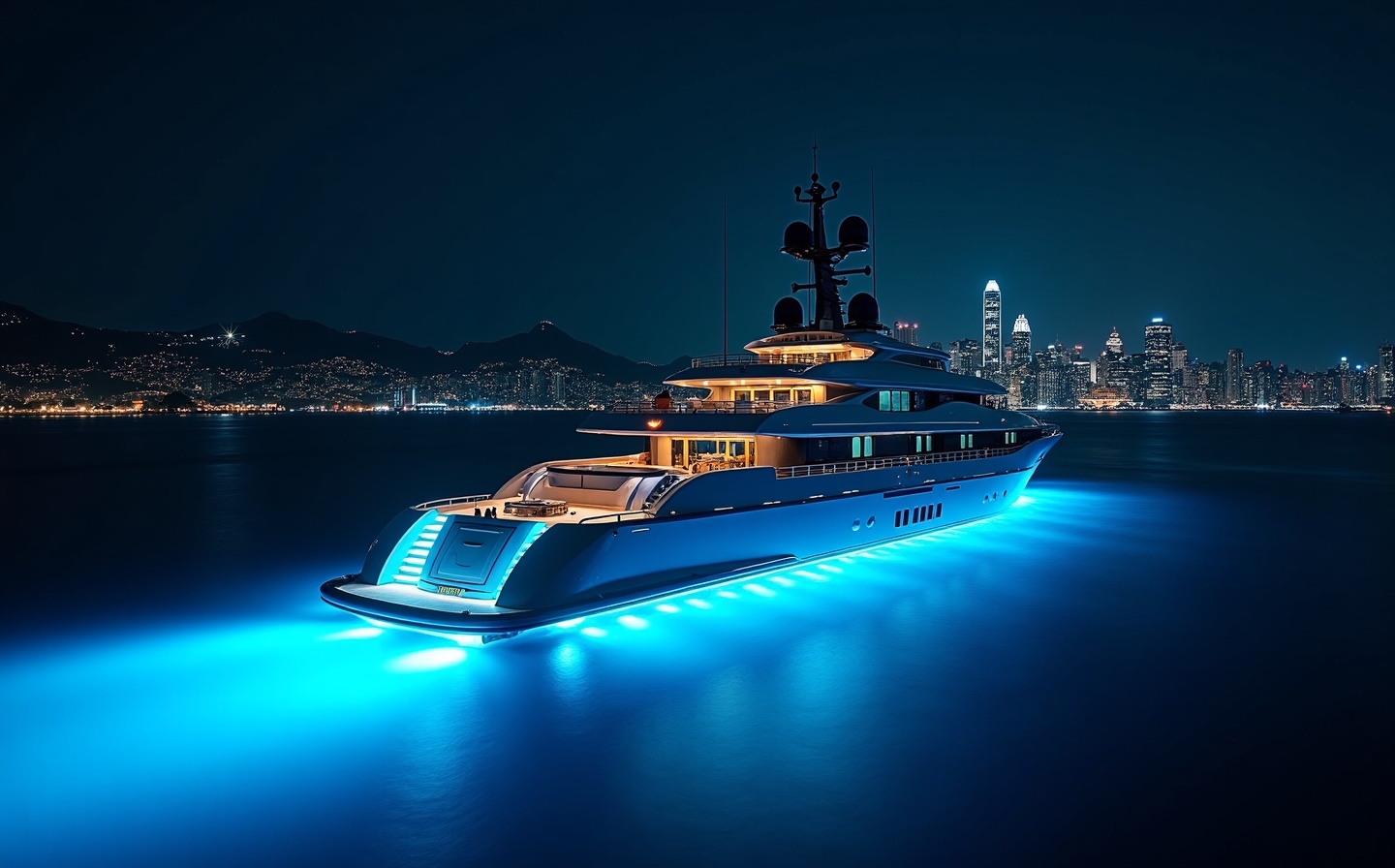 Luxury superyacht at night