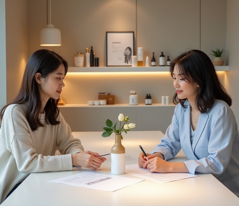 Korean beauty industry professionals reviewing skincare product samples and formulation documents during consultation