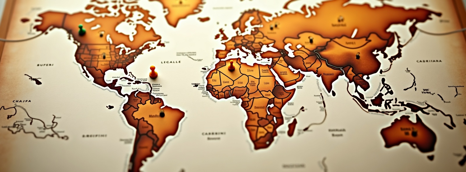 Travel blog - world map with travel routes and destination pins