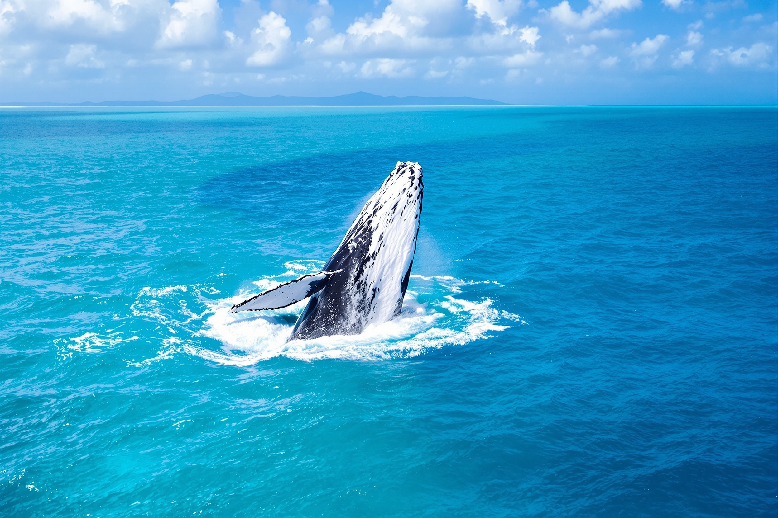 Humpback whale breaching in the Coral Sea off Mission Beach during whale watching season