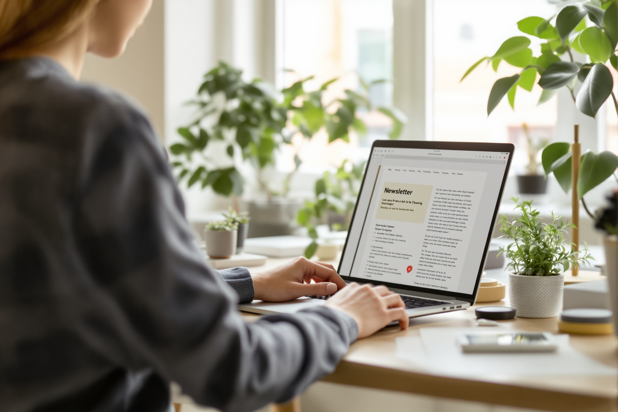 Cleaning business owner reading CleanHero newsletter tips for growing a cleaning company with AI tools