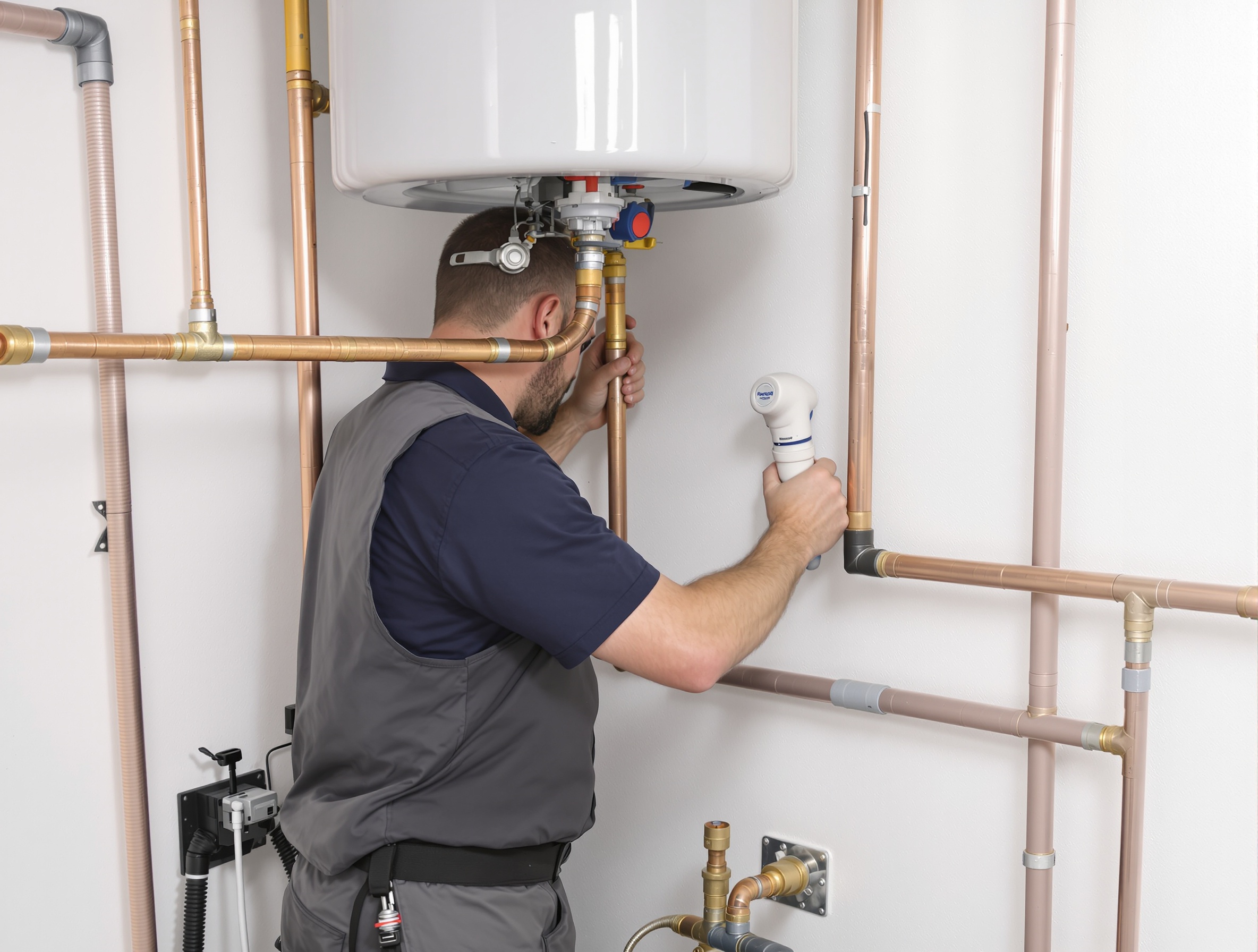 Professional plumber servicing household piping and a water heater