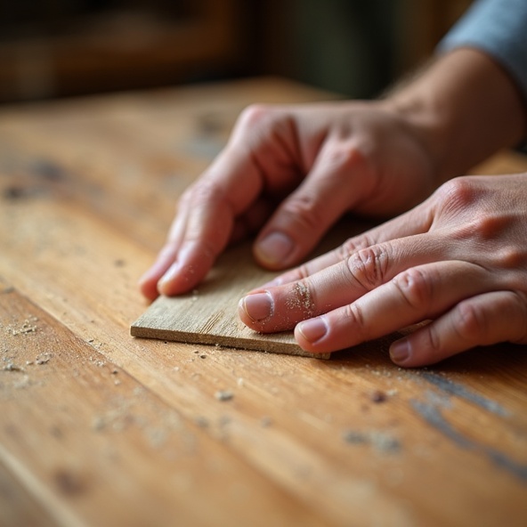 Hands sanding oak wood trim
