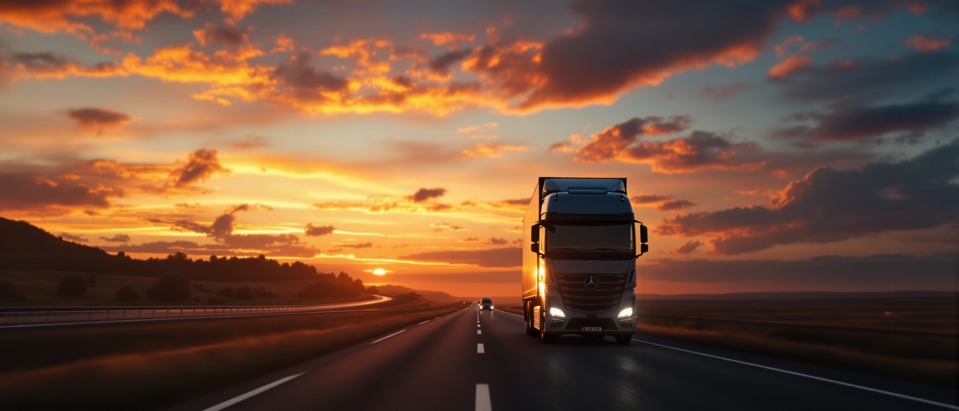 HGV lorry on UK motorway at sunset - 24/7 emergency mobile tyre fitting service