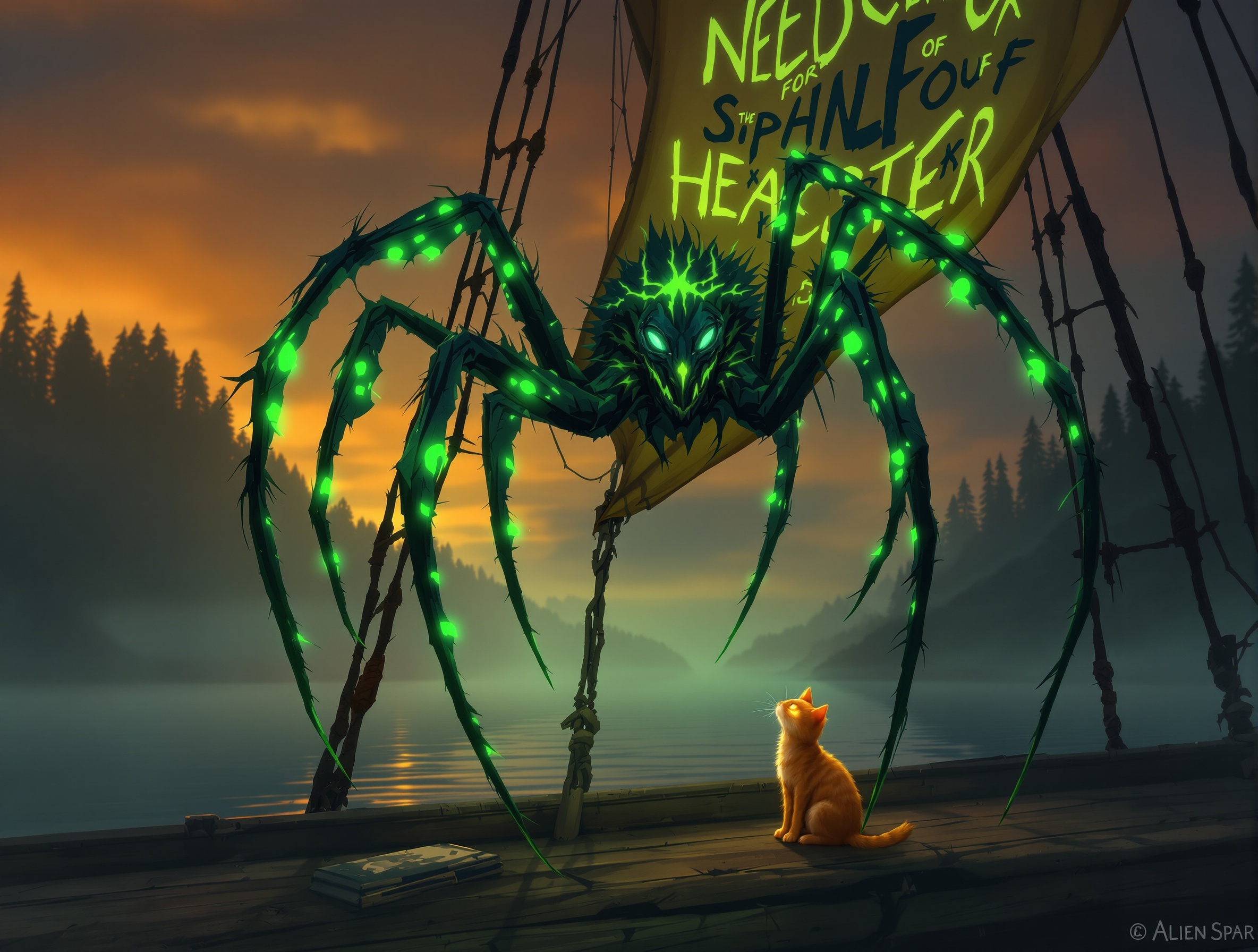 The Chief Engineer cryptid weaving radioactive silk orders on the BSS Kittie main mast at twilight