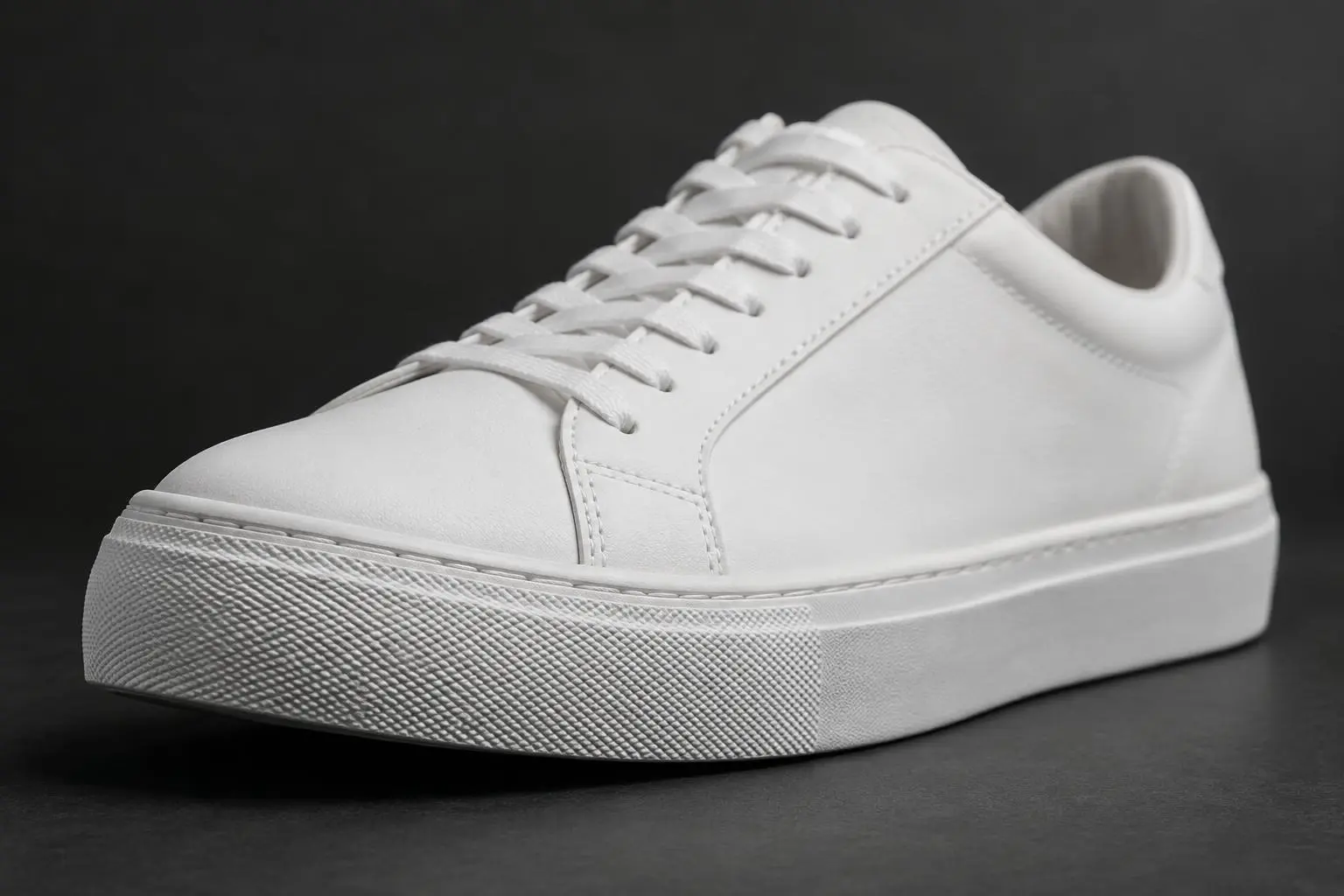 Close view of an unbranded sneaker from a low angle, showing the sole edge, side stitching and soft shadow on a dark graphite surface.