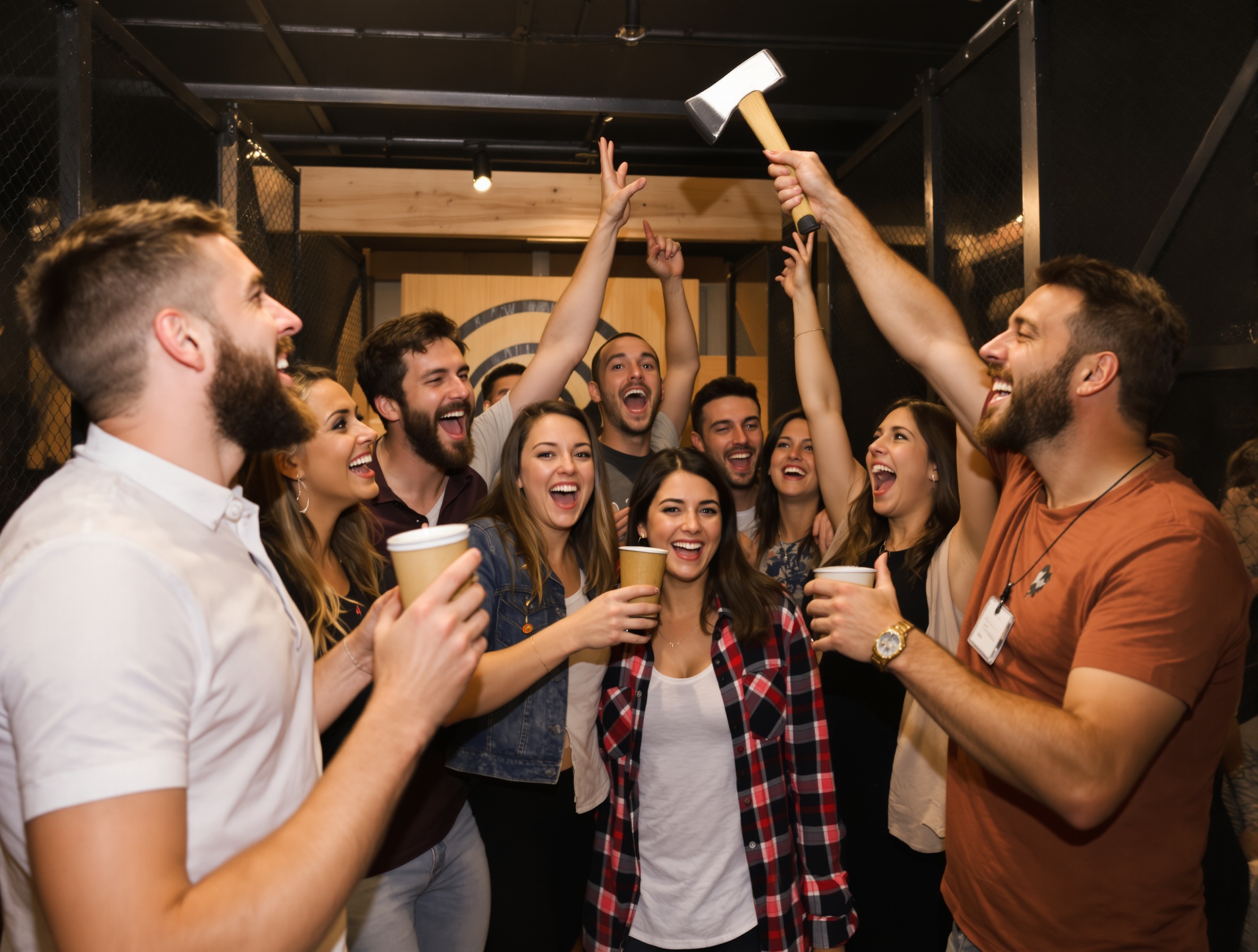 Group of friends having fun at an axe throwing venue