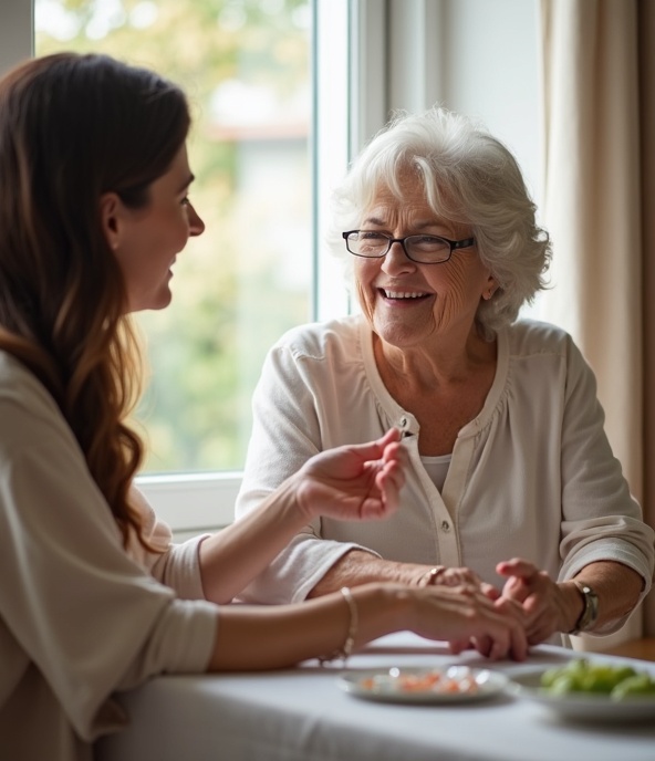 Family caregiver helping elderly parent