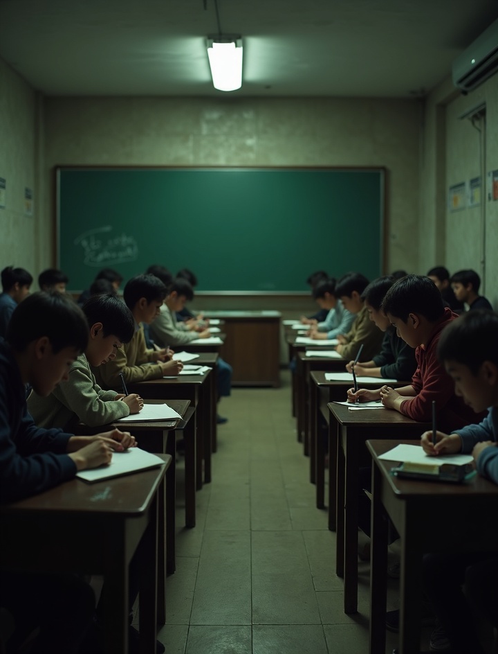 Traditional classroom with bored students using pen and paper