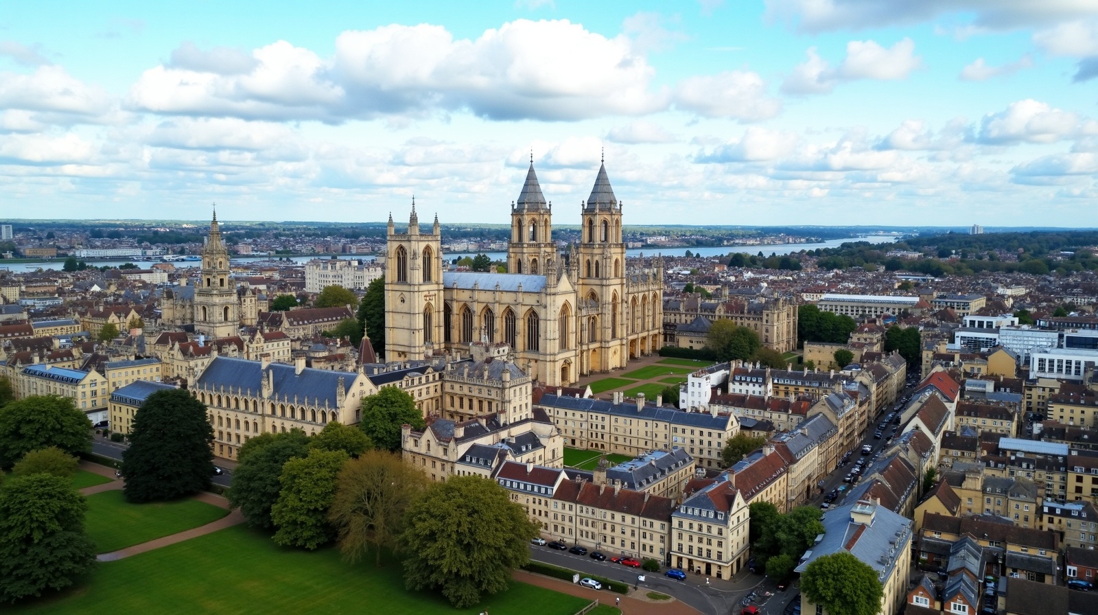 Oxford city centre and university spires aerial view