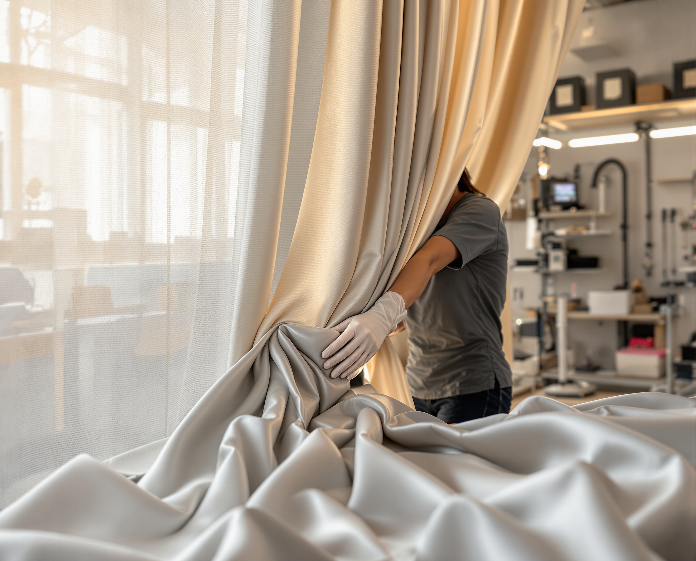 Expert drapery cleaning process at The Drapery & Blind Co. professional facility