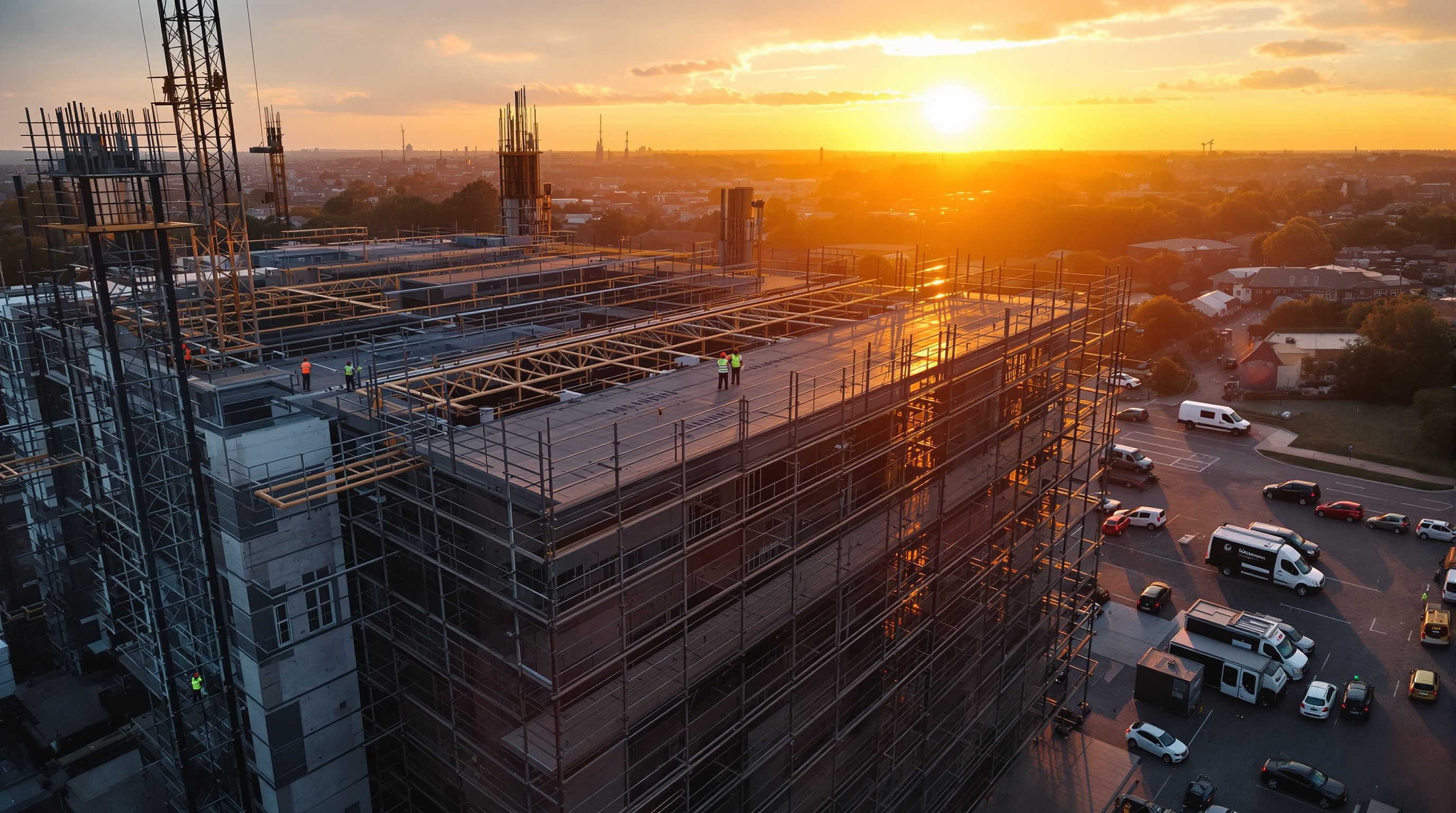 UK construction site aerial view with steel frame and scaffolding at golden hour