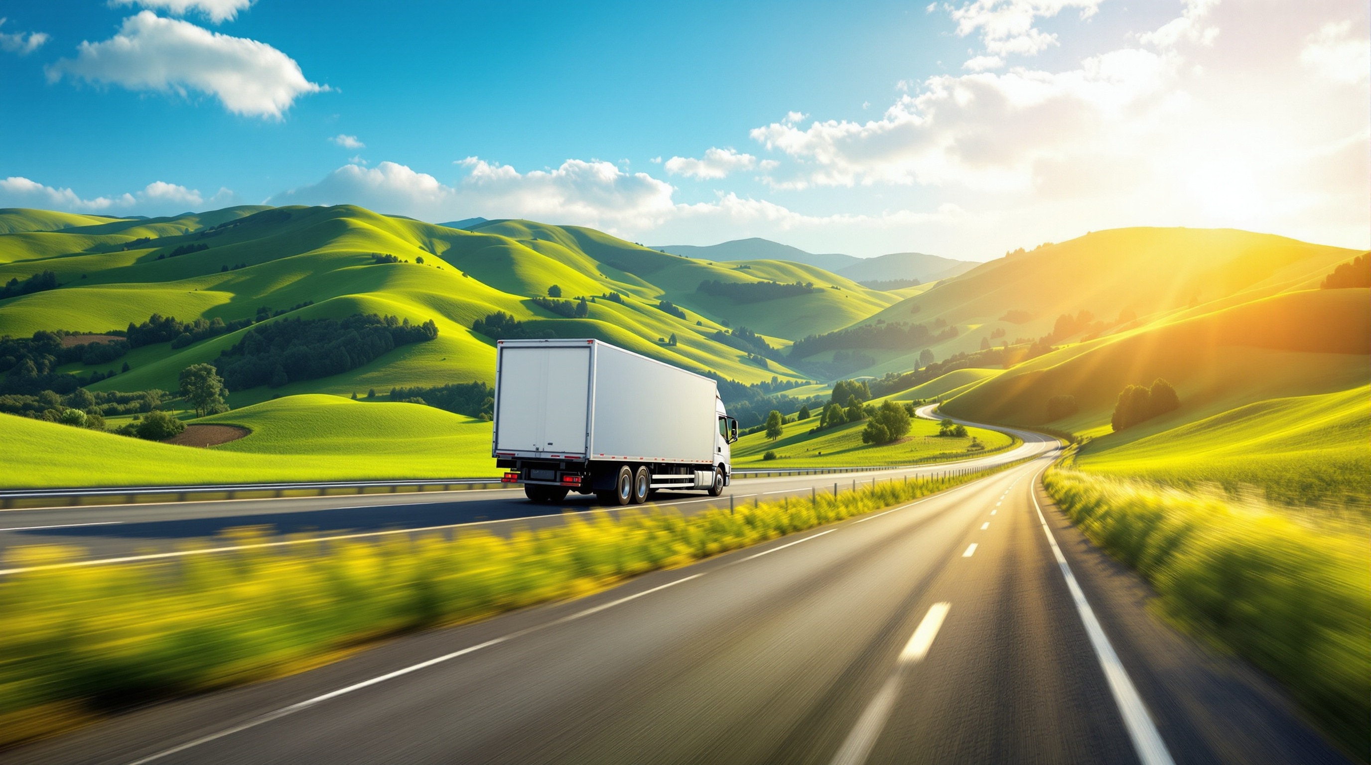 Professional long-distance moving truck on scenic highway