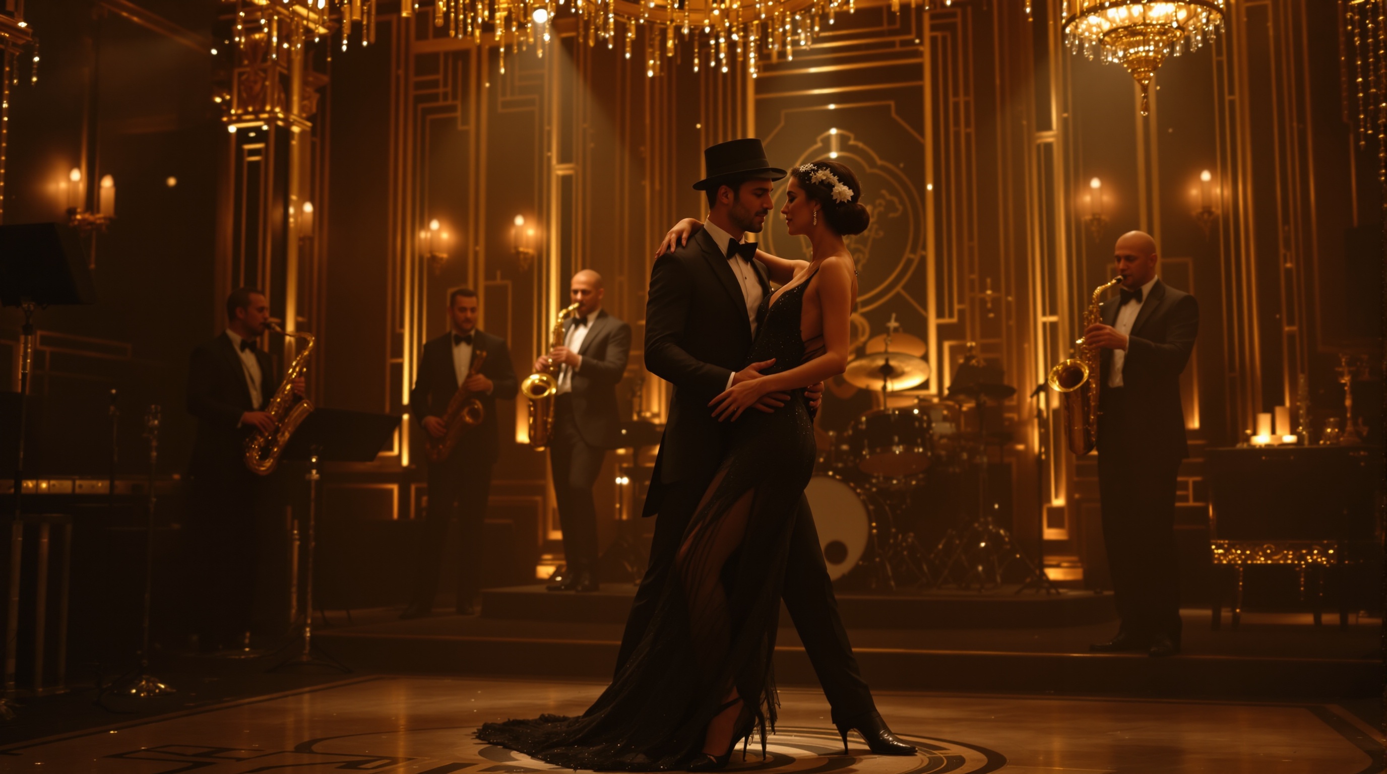 1920s couple dancing with jazz band in background