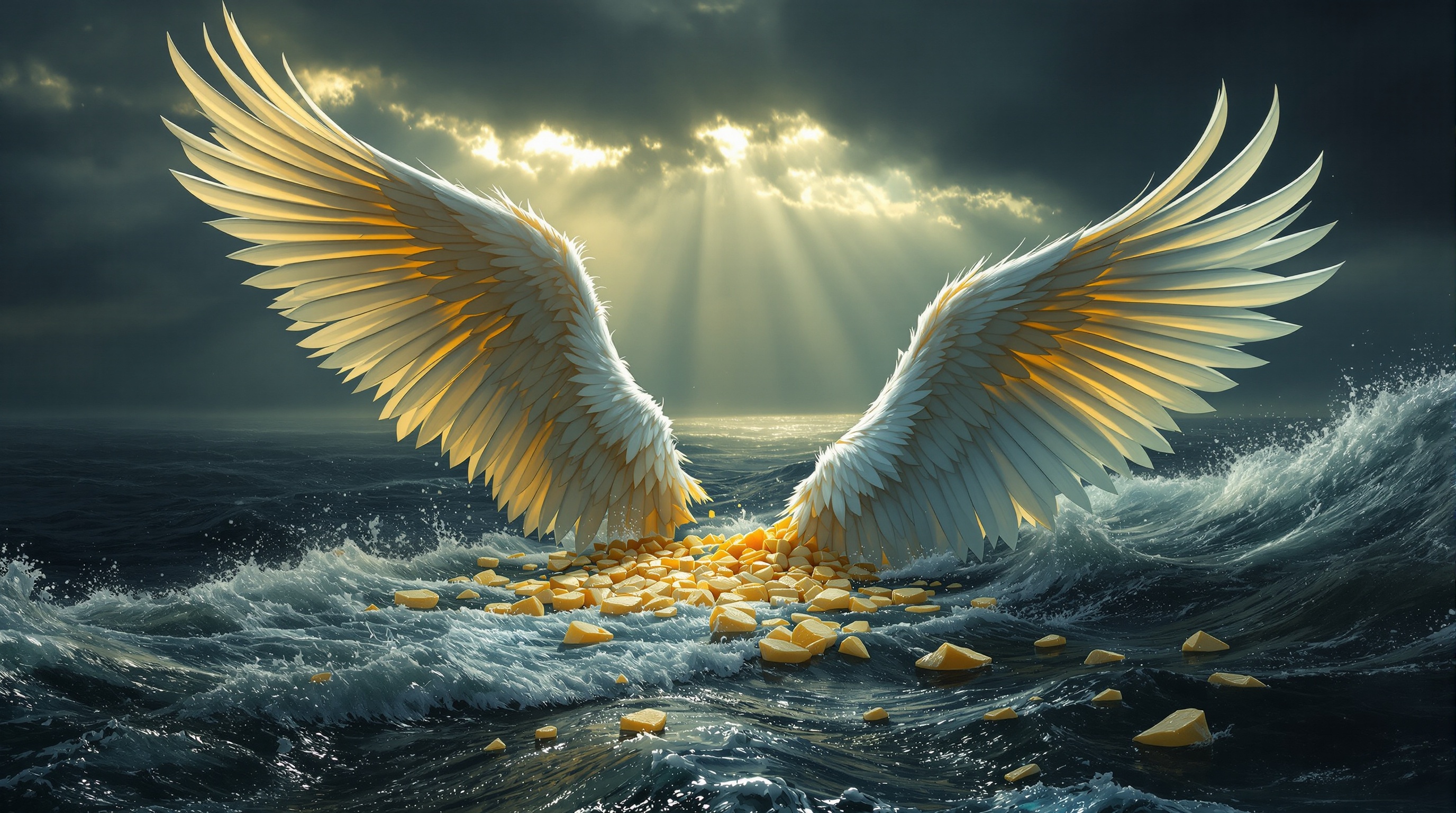 Broken wings on stormy water