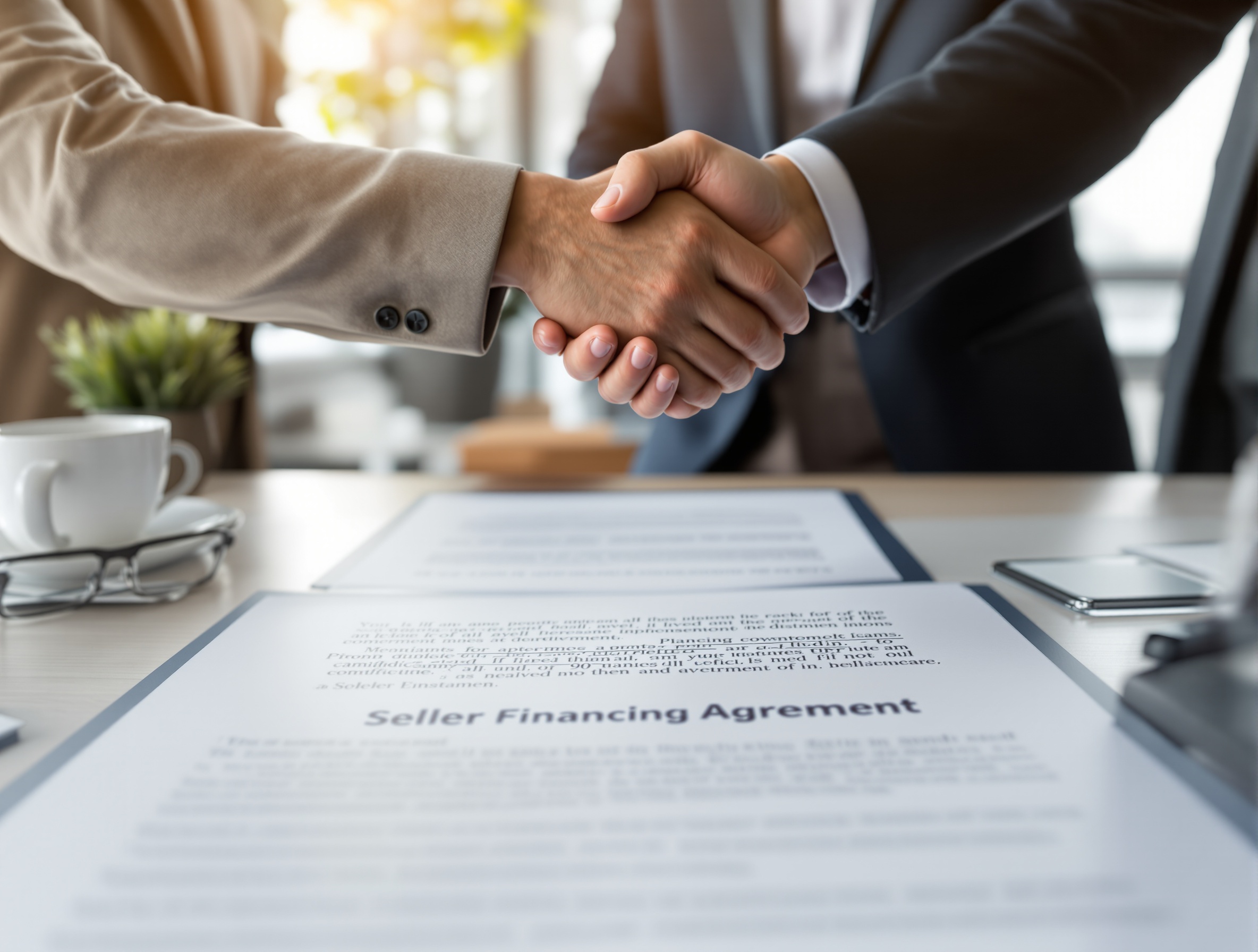 Seller financing agreement handshake between property owner and buyer