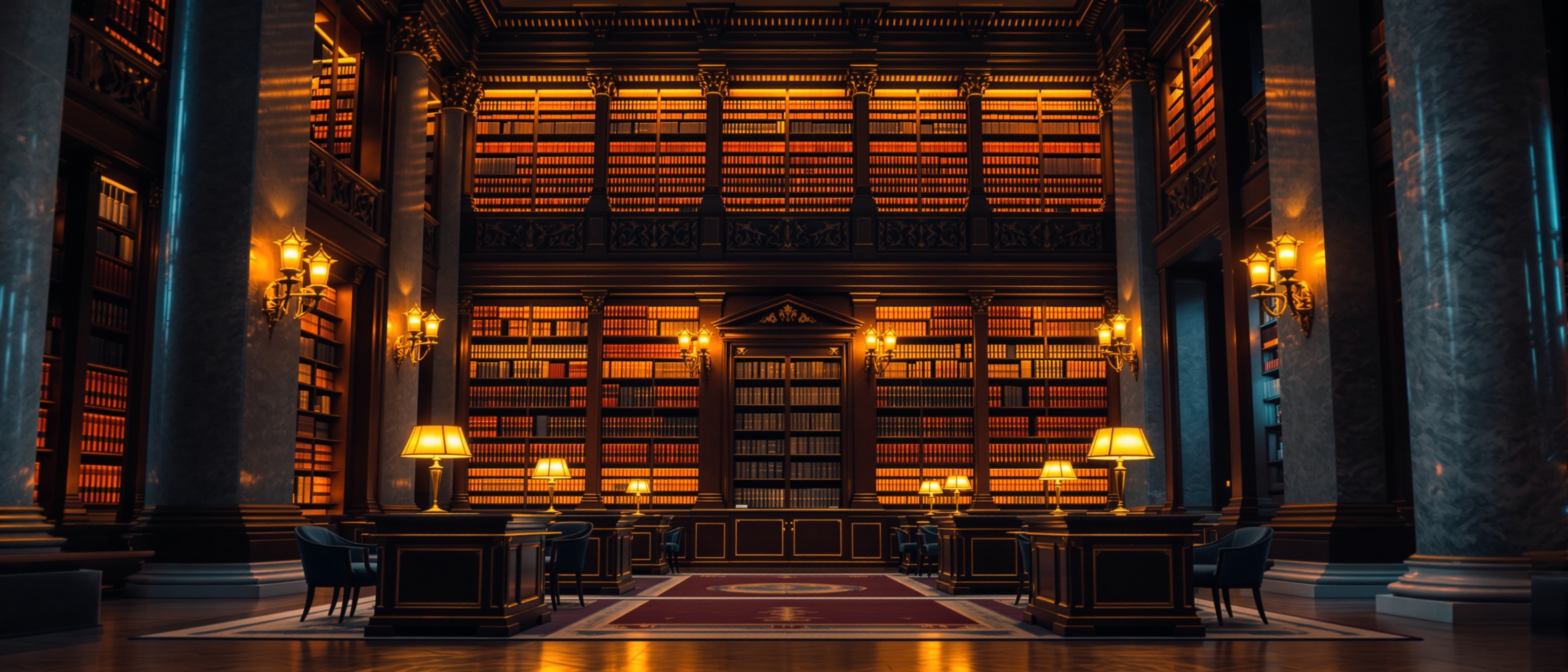 Grand vintage library reading room with warm lamplight