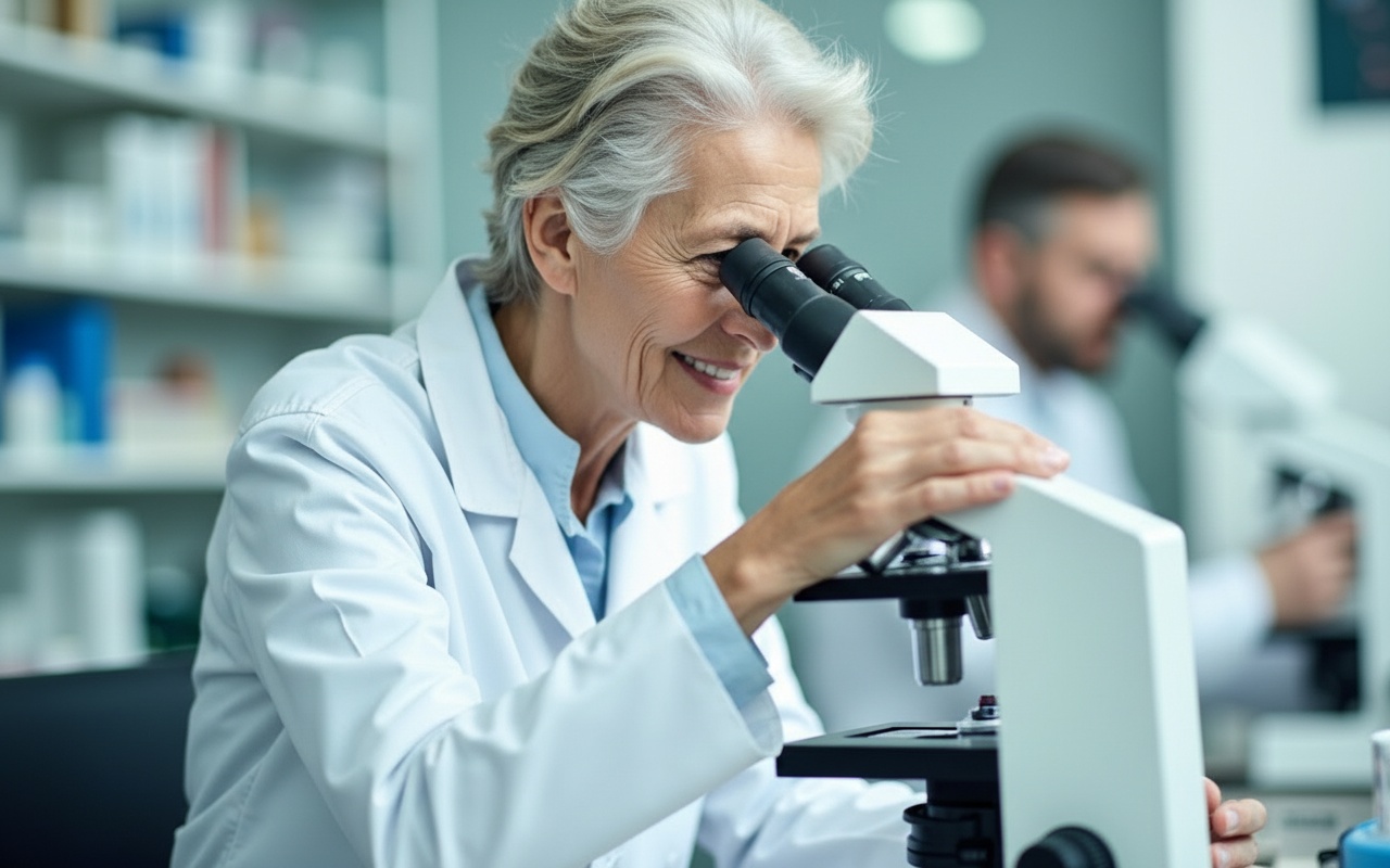 Elderly woman at microscope