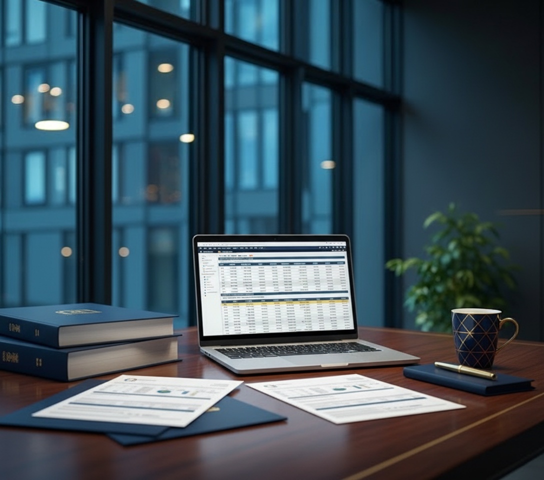 Mesa de escritório contábil com laptop e planilhas financeiras