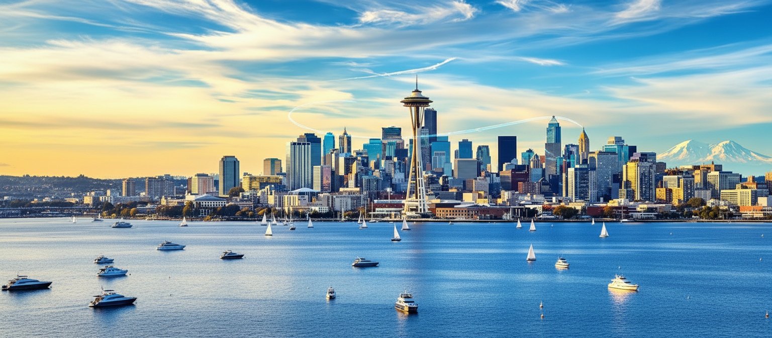 Seattle skyline at golden hour with Lake Union and Space Needle