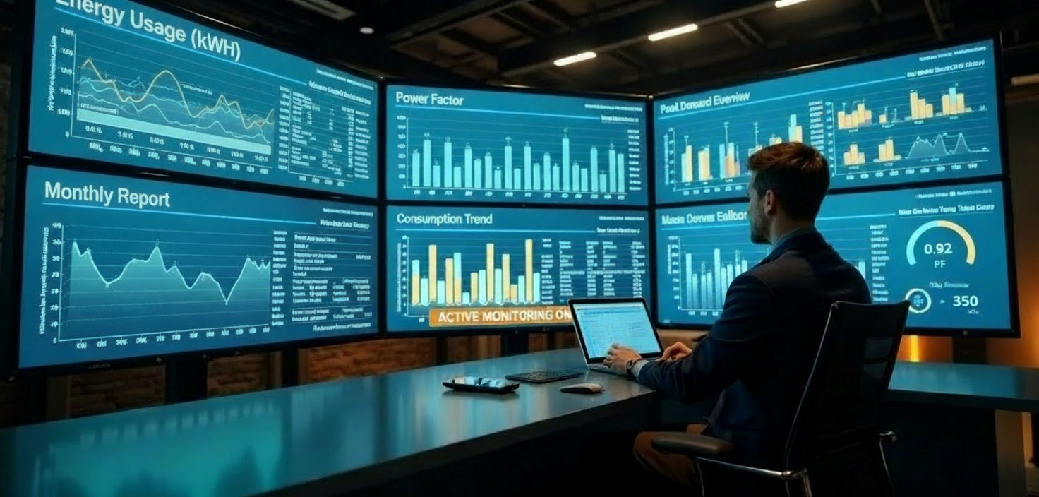 Facility manager reviewing real-time energy data dashboards