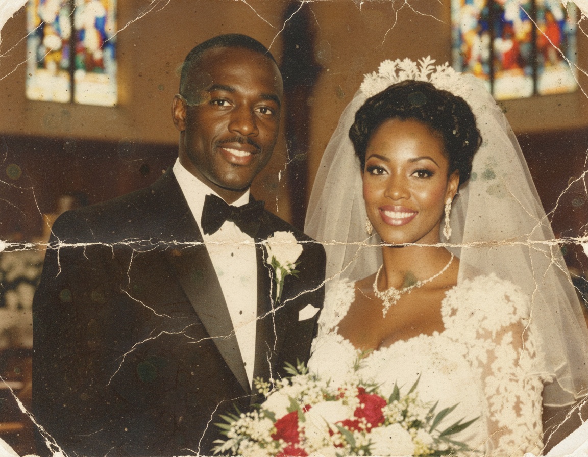 Severely faded and damaged wedding photograph with torn edges, stains, and cracked emulsion before restoration