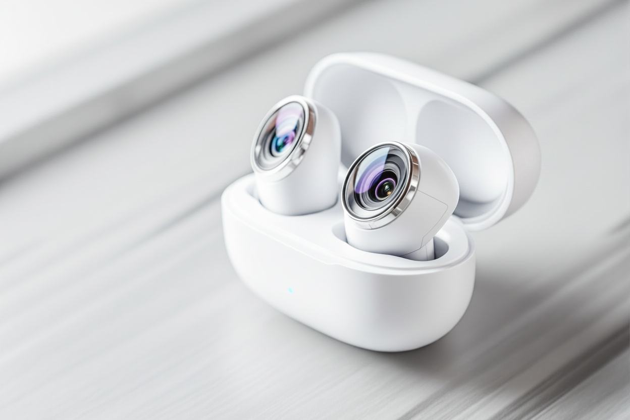 AirPods com câmeras da Apple chegam à fase final de testes Apple AirPods com câmeras miniaturizadas, sensores de infravermelho e design futurista — tecnologia de wearables inteligentes maio 2026