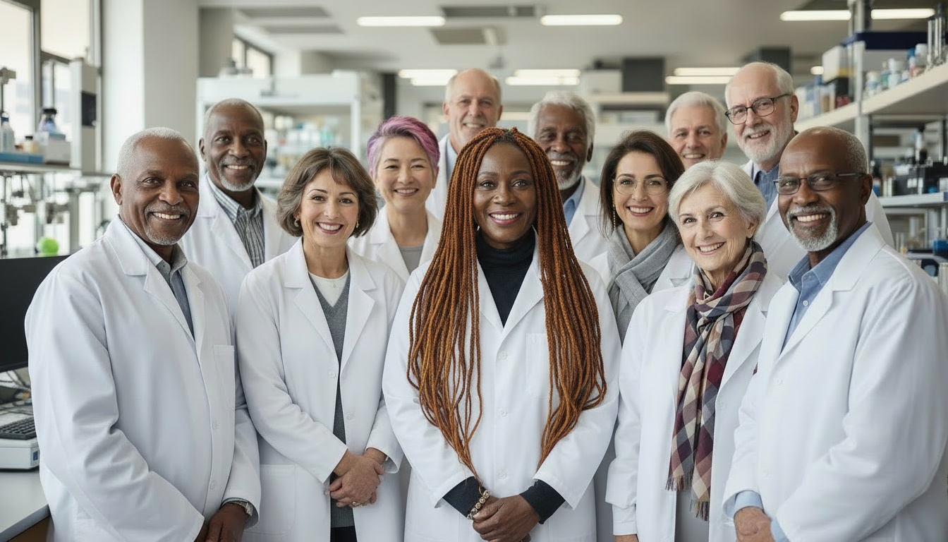 Grupo diverso de pessoas idosas usando jalecos brancos sorrindo